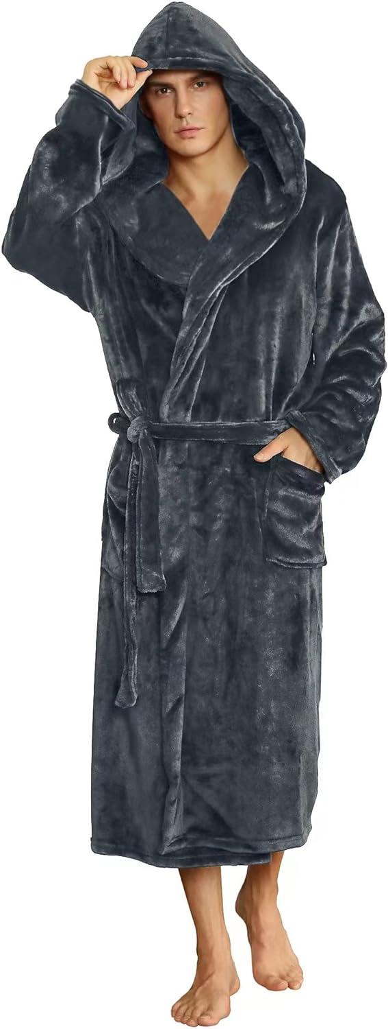 NOUVEAU RICHE Fleece Bademantel Herren mit Kapuze – Weicher zweifarbiger Morgenmantel mit Taschen & Gürtel, waschbar, S–3XL – Calico Dunkelgrau