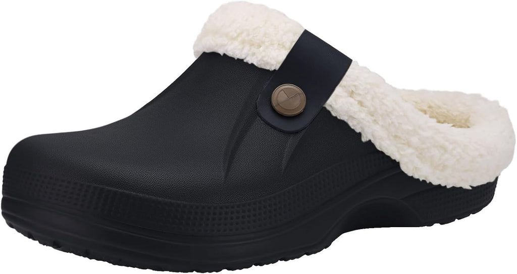 NOUVEAU RICHE Warm gefütterte Clogs – Wasserabweisende Plüsch-Gartenclogs mit Memory-Schaum & rutschfester Sohle – Marmari Schwarz Weiss