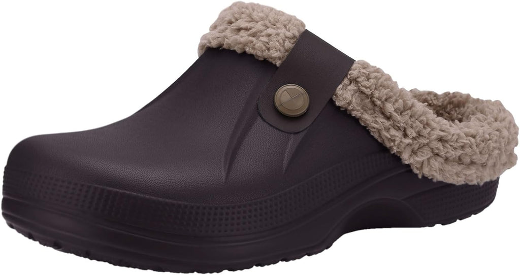 NOUVEAU RICHE Warm gefütterte Clogs – Wasserabweisende Plüsch-Gartenclogs mit Memory-Schaum & rutschfester Sohle – Marmari Walnuss
