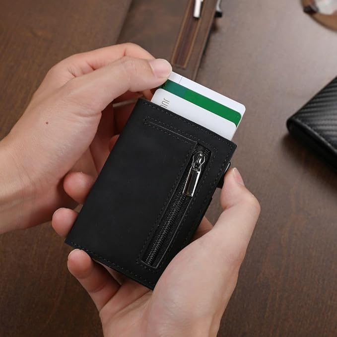 NOUVEAU RICHE Kompaktes Portemonnaie mit Kartenhalter & RFID-Schutz – Alu-Kartenetui mit Notenfach & Münzfach – Braun, Carbon & Schwarz