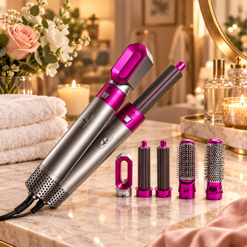 NOUVEAU RICHE 5-in-1 Heissluft-Föhnbürste – Warmluftbürste & Volumenbürste mit Lock-, Glätt- & Smoothing-Aufsätzen – Aurevia
