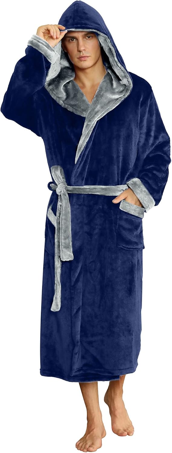 NOUVEAU RICHE Fleece Bademantel Herren mit Kapuze – Weicher zweifarbiger Morgenmantel mit Taschen & Gürtel, waschbar, S–3XL – Calico