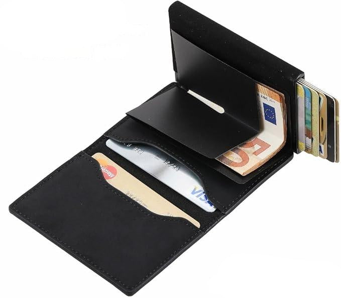 NOUVEAU RICHE Kompaktes Portemonnaie mit Kartenhalter & RFID-Schutz – Alu-Kartenetui mit Notenfach & Münzfach – Braun, Carbon & Schwarz