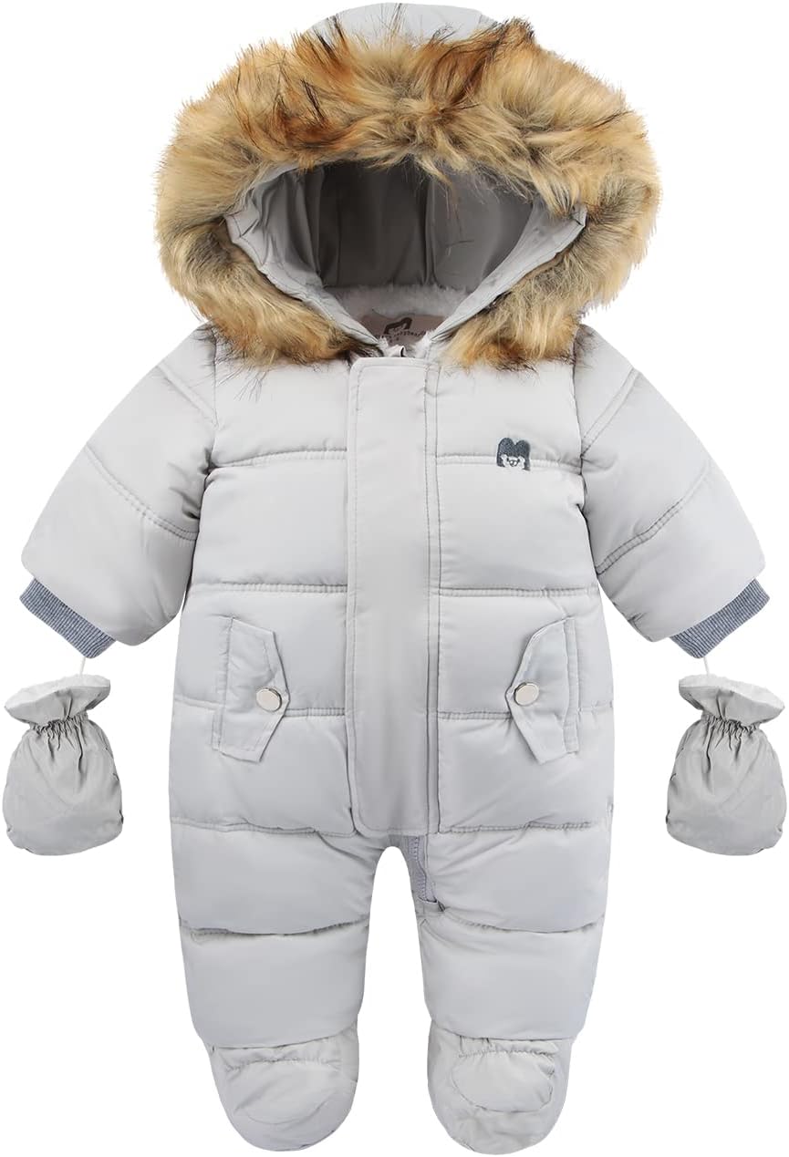 NOUVEAU RICHE Baby Schneeanzug mit Kapuze – Warmer Winteroverall mit weichem Futter & Reissverschluss, 4 Farben, 0-24 Monate – Figueral Grau