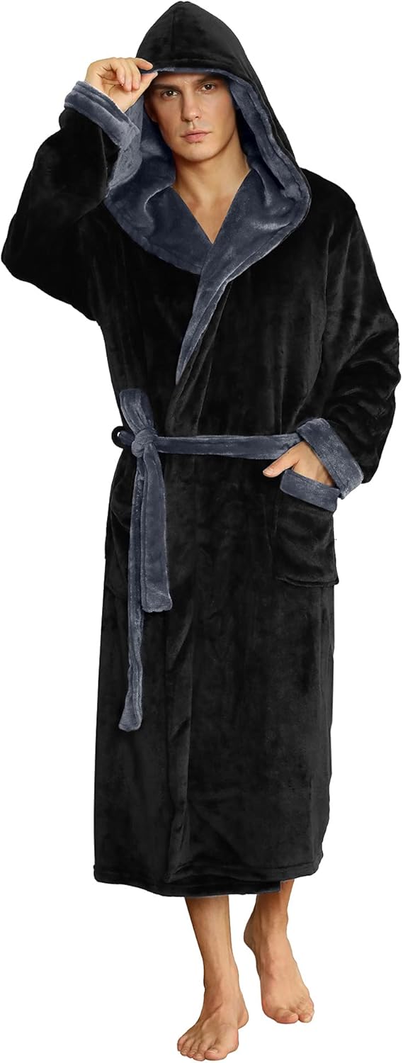 NOUVEAU RICHE Fleece Bademantel Herren mit Kapuze – Weicher zweifarbiger Morgenmantel mit Taschen & Gürtel, waschbar, S–3XL – Calico