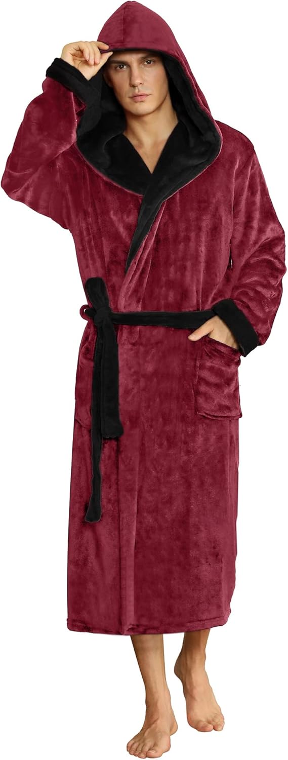 NOUVEAU RICHE Fleece Bademantel Herren mit Kapuze – Weicher zweifarbiger Morgenmantel mit Taschen & Gürtel, waschbar, S–3XL – Calico