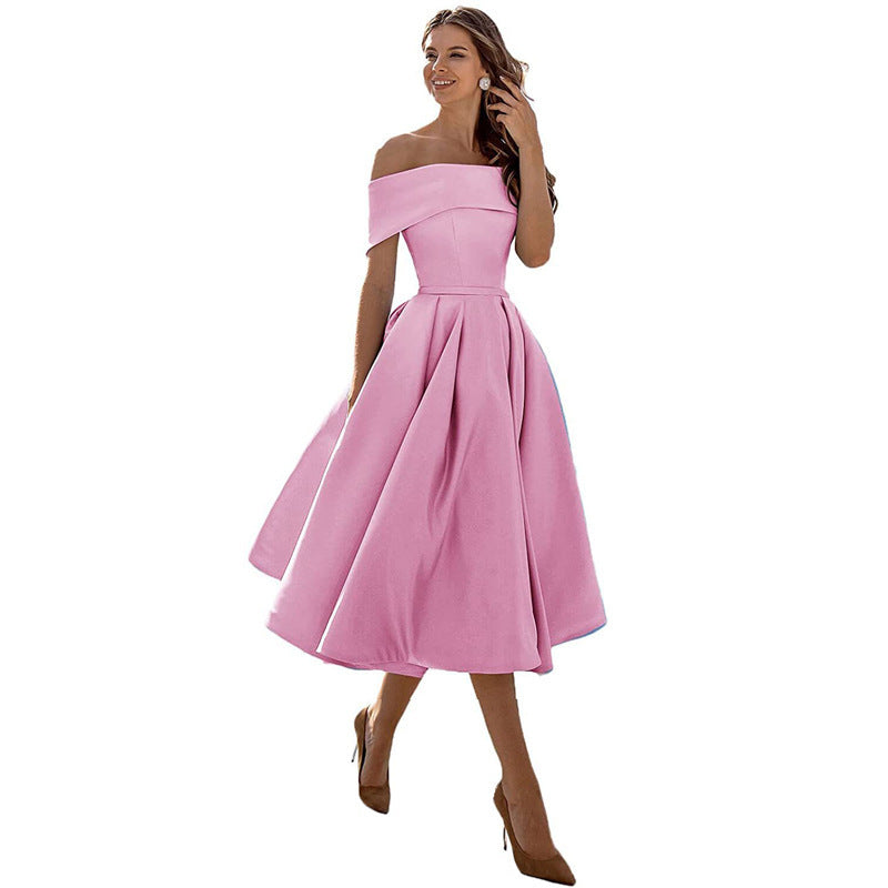 NOUVEAU RICHE Schulterfreies Satin Sommerkleid Damen Elegant Luftig A Linie Rosa