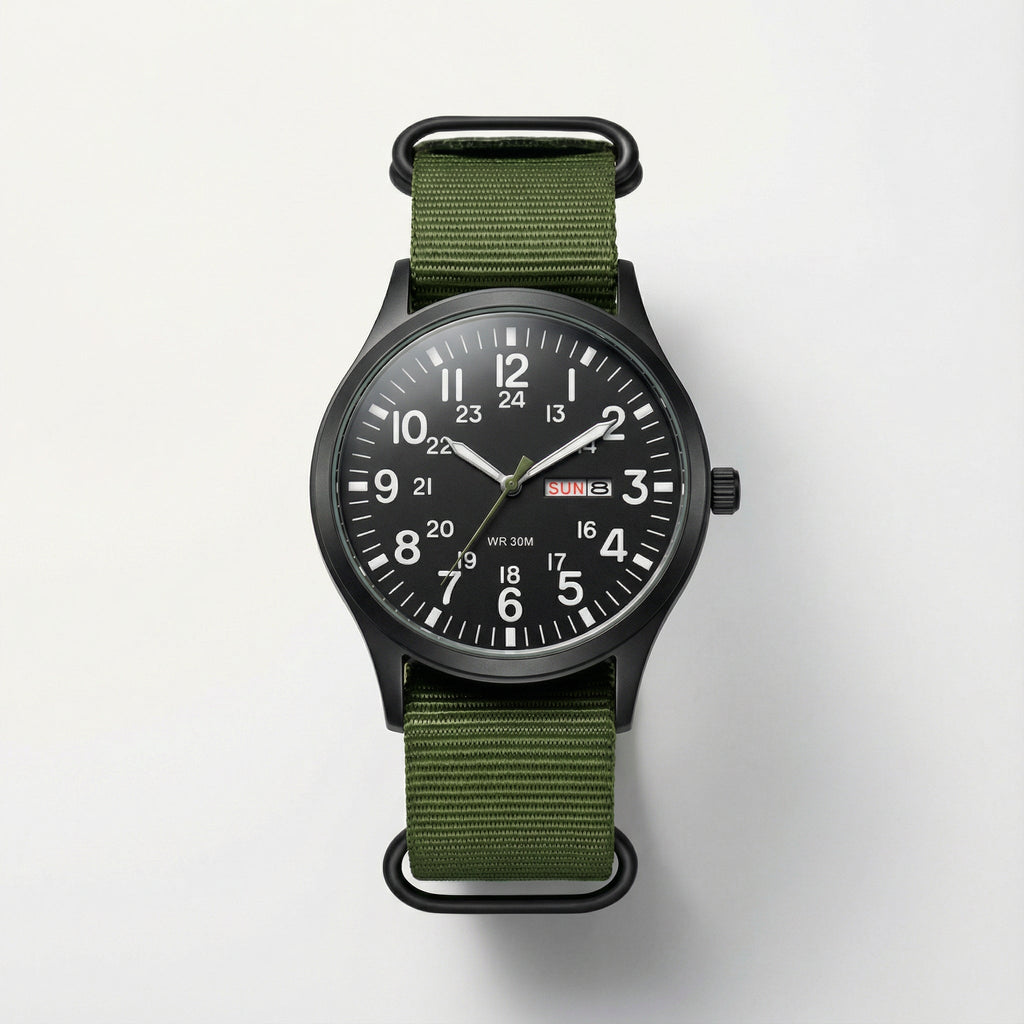 NOUVEAU RICHE Outdoor Herrenuhr – Analoge Sportuhr 100 m wasserdicht, Saphirglas & Quarzwerk, Leuchtzeiger, 4 Farben – Ranches Grün Schwarz