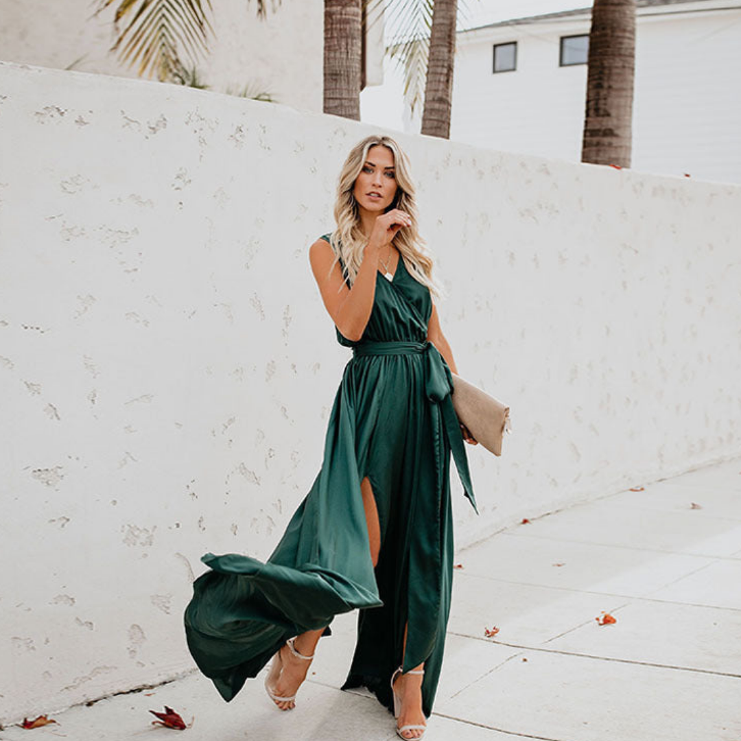 NOUVEAU RICHE Damen Kleid Seitenschlitz Luftiges Taillenband Maxi Grün
