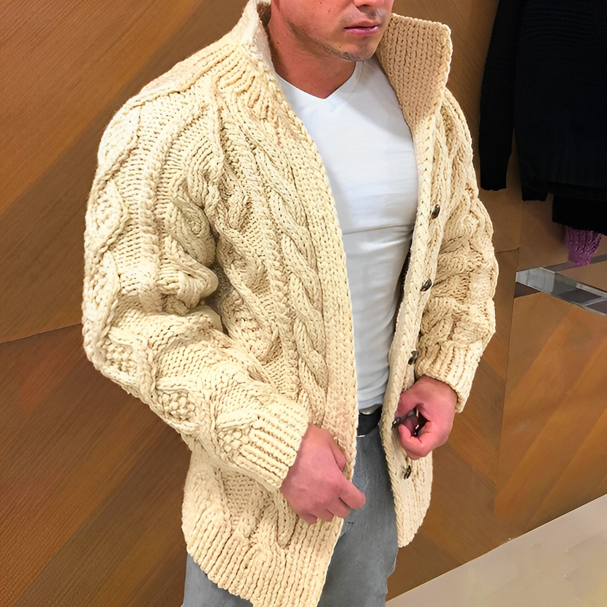 NOUVEAU RICHE Herren Warme Strickjacke Im Zopfmuster Flexible Cardigan Hellbraun