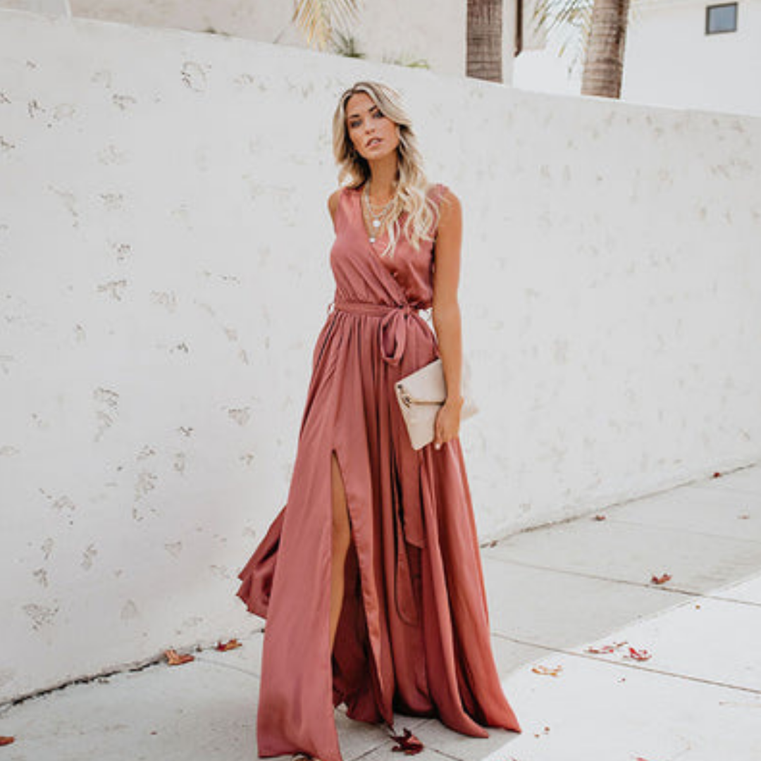 NOUVEAU RICHE Damen Kleid Seitenschlitz Luftiges Taillenband Maxi
