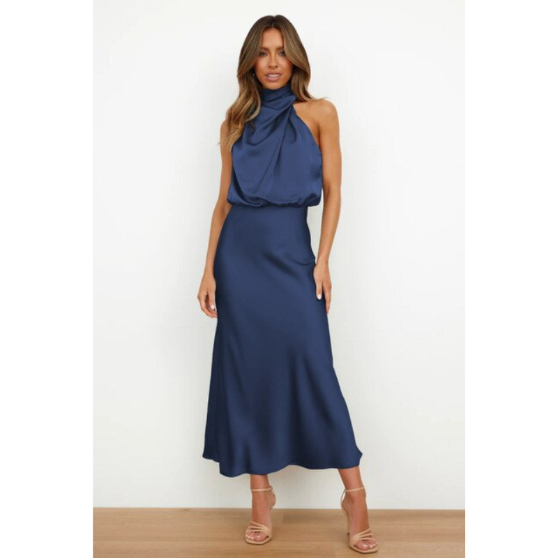 NOUVEAU RICHE Damen Atemberaubendes Halfter Abendkleid Für Midi Stilvoll Blau
