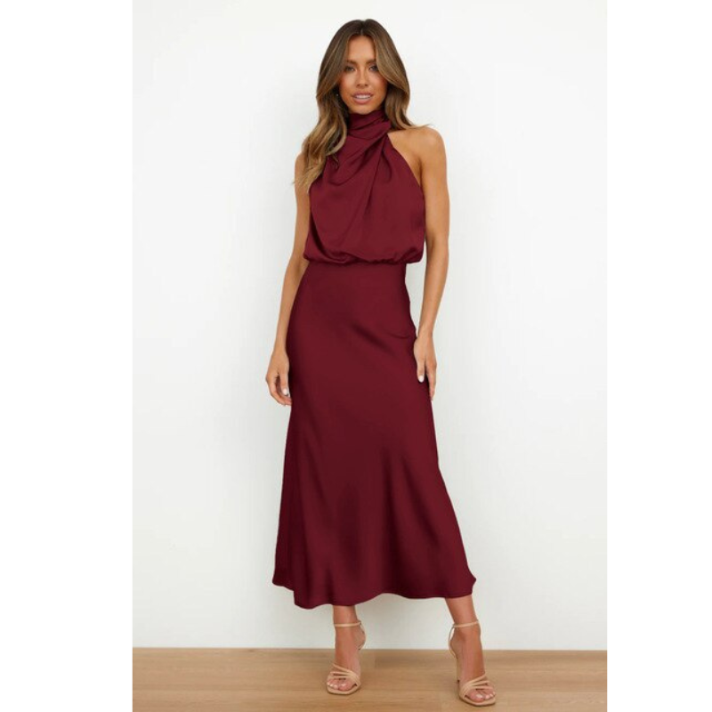 NOUVEAU RICHE Damen Atemberaubendes Halfter Abendkleid Für Midi Stilvoll Bordeaux