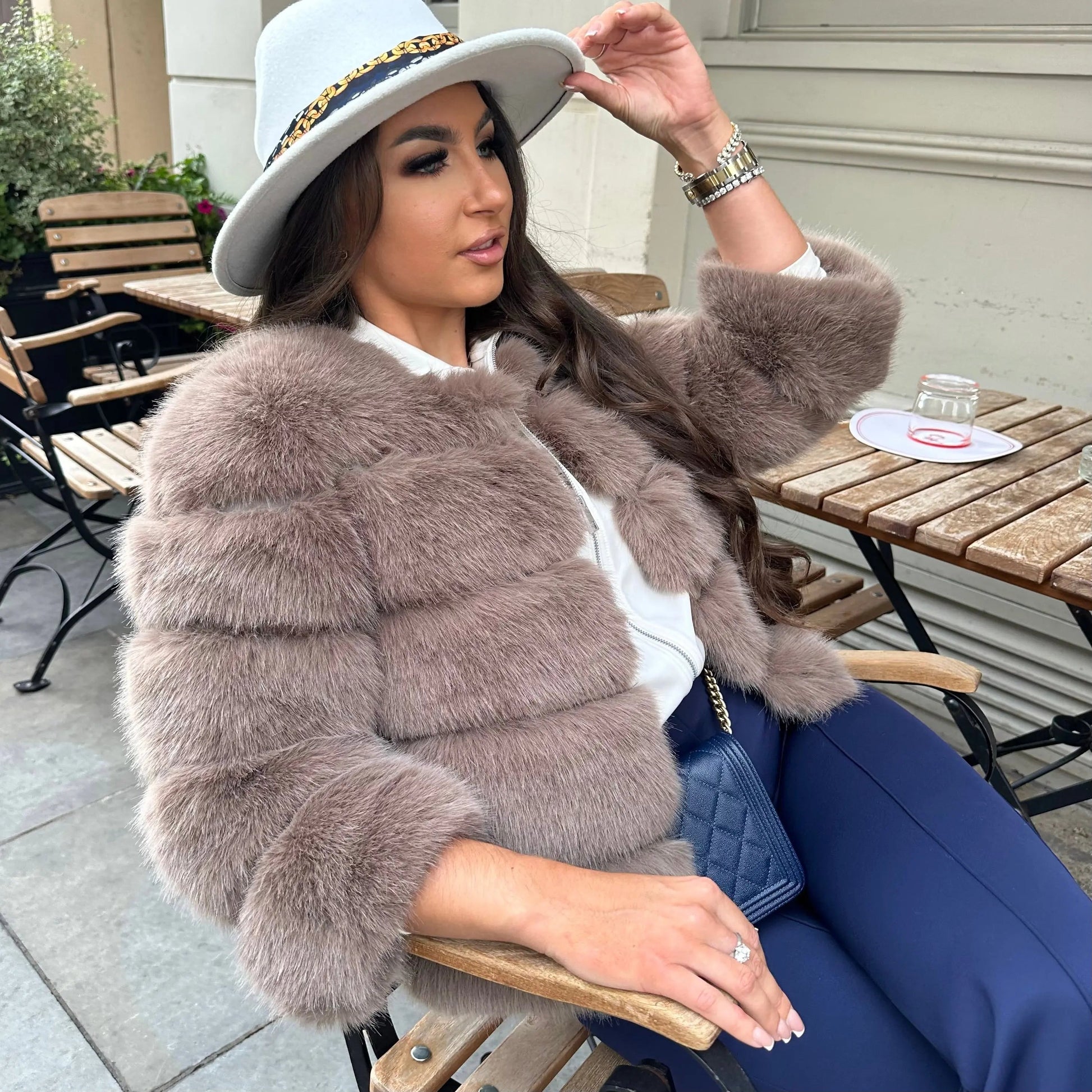NOUVEAU RICHE Lacy | Dame Kunstfell Jacke - Eleganter Webpelz Mantel & Kurzjacke aus Fake Fur