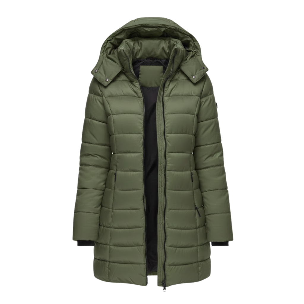 NOUVEAU RICHE Luna | Dame Mittellanger Steppparka mit Kapuze - Warmer Winterparka & Quiltet Mantel Armeegrün