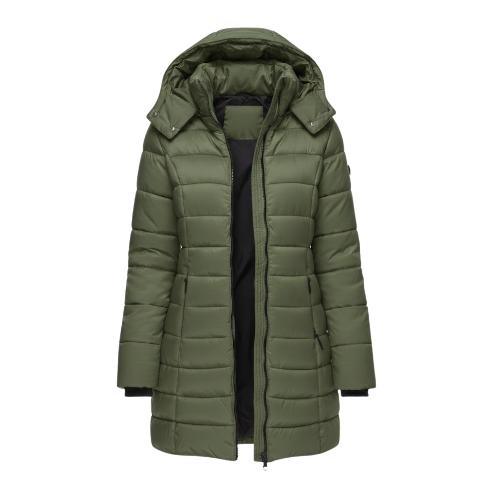 NOUVEAU RICHE Luna | Dame Mittellanger Steppparka mit Kapuze - Warmer Winterparka & Quiltet Mantel Armeegrün