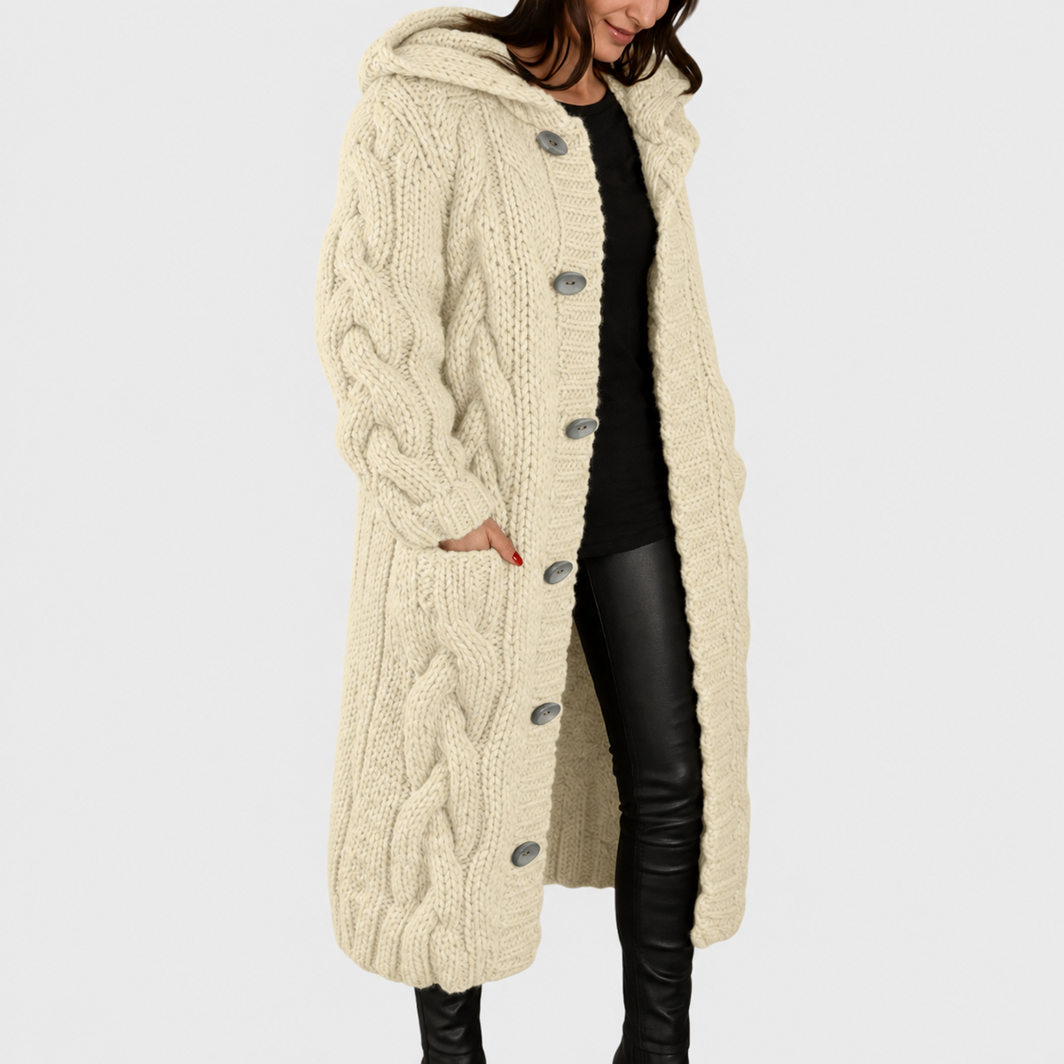 NOUVEAU RICHE Pamelo | Damen Strickjacke Longline - Langer Cardigan mit Taschen & Ohne Verschluss Beige