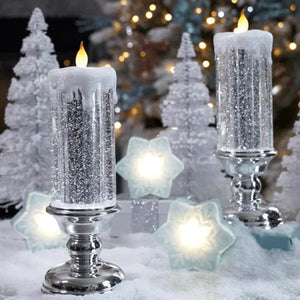 NOUVEAU RICHE Magische Weihnachtsbeleuchtung – LED-Glitzerflamme mit Wasser & wirbelndem Glitzer, Weihnachtsdeko in Blau, Gold, Rot oder Silber – TwinkleFlame Silber