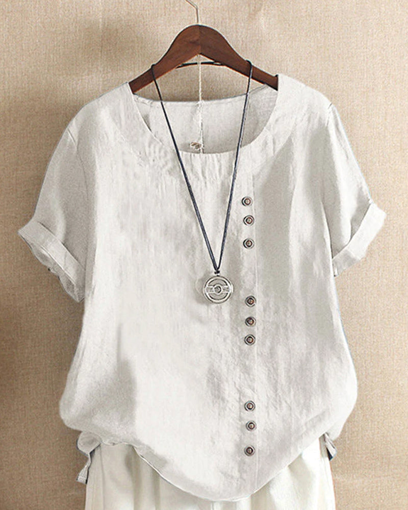 NOUVEAU RICHE Damen Kurzarm-Bluse Baumwolle Weiche Vielseitige Eleganz Weiß