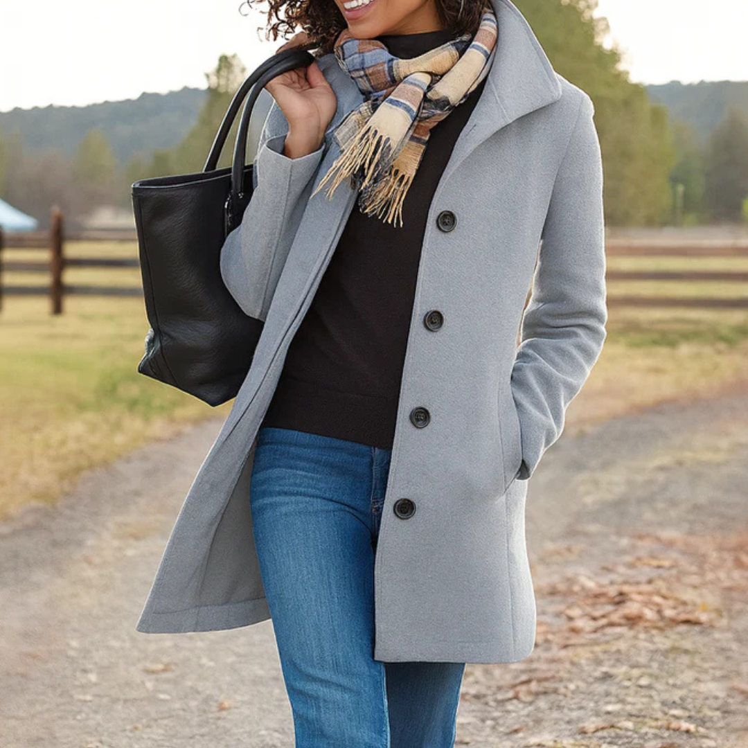 NOUVEAU RICHE Damen Klassischer Wintermantel mit Knopfleiste – Langer Mantel für Damen, elegant & warm, 10 Farben, S–3XL – Inspire Hellgrau