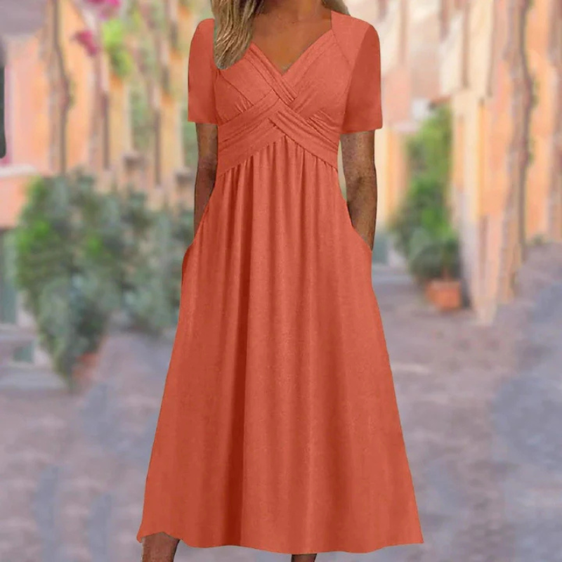 NOUVEAU RICHE Damen Weiches A-Linien-Kleid Mit V-Ausschnitt Midi Alltag Orange
