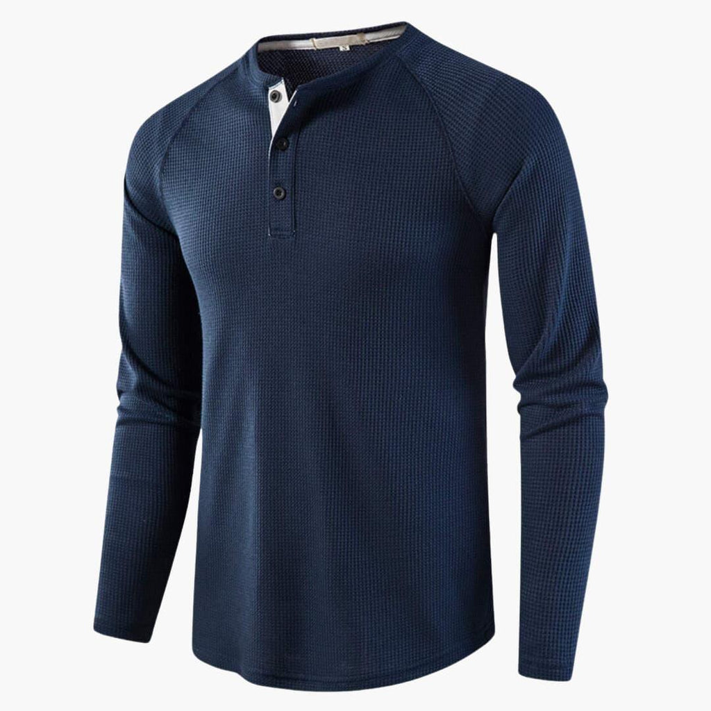 NOUVEAU RICHE Herren Henley Langarmshirt Mit Knopfleiste Natürliche Textur Marineblau