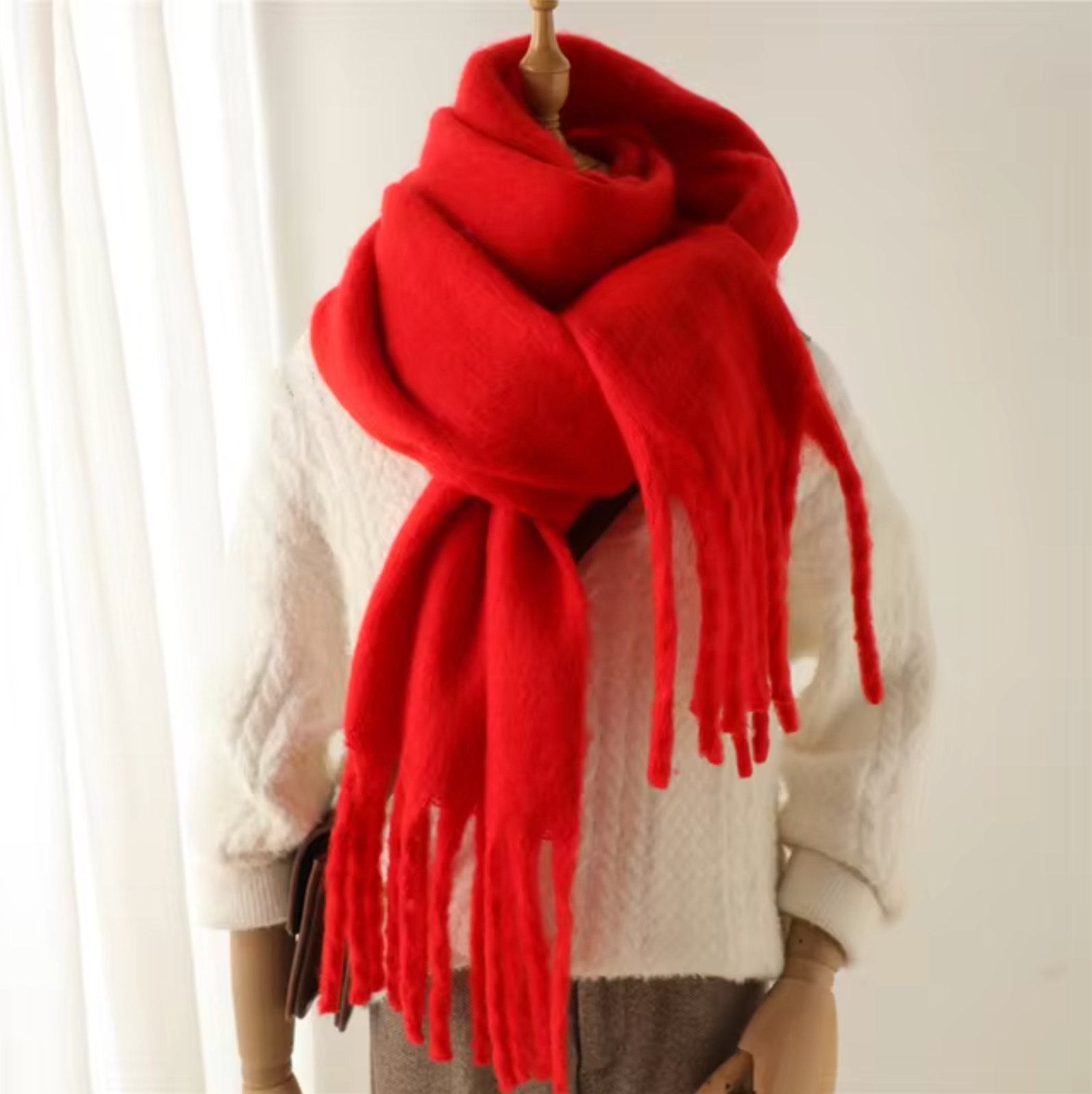 NOUVEAU RICHE Kaschmir-Winter-Schal Cashmere-ähnlichem Stoff Fransen Rot Einheitsgröße