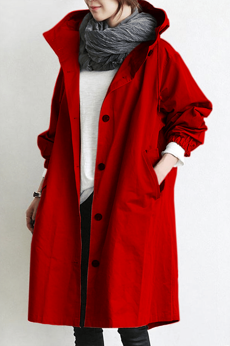 NOUVEAU RICHE Damen Wasserdichter Trenchcoat Mit Kapuze Regenmantel Rot