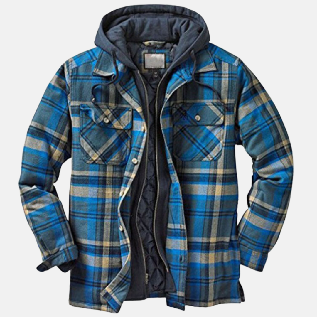NOUVEAU RICHE Karierte Herrenjacke mit Kapuze – Hemdjacke mit gestepptem Futter & Reissverschluss, Overshirt, S–5XL – Calico Blau
