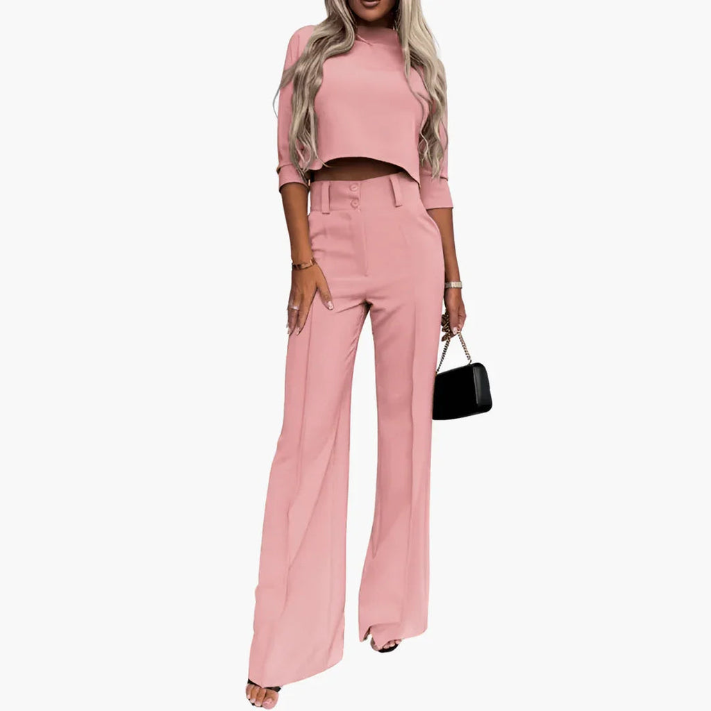NOUVEAU RICHE Zweiteiler Damen Crop Top Set Weite Hose Hohe Taille Sommer Rosa