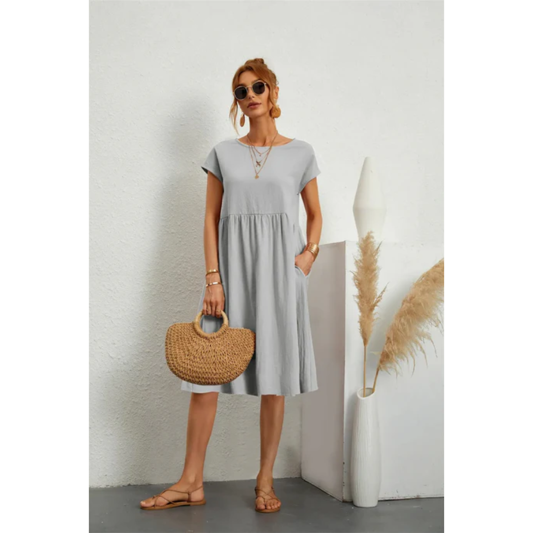 NOUVEAU RICHE Damen Elegantes Sommerkleid Mit Kurzen Ärmeln Für Damen Midi Grau