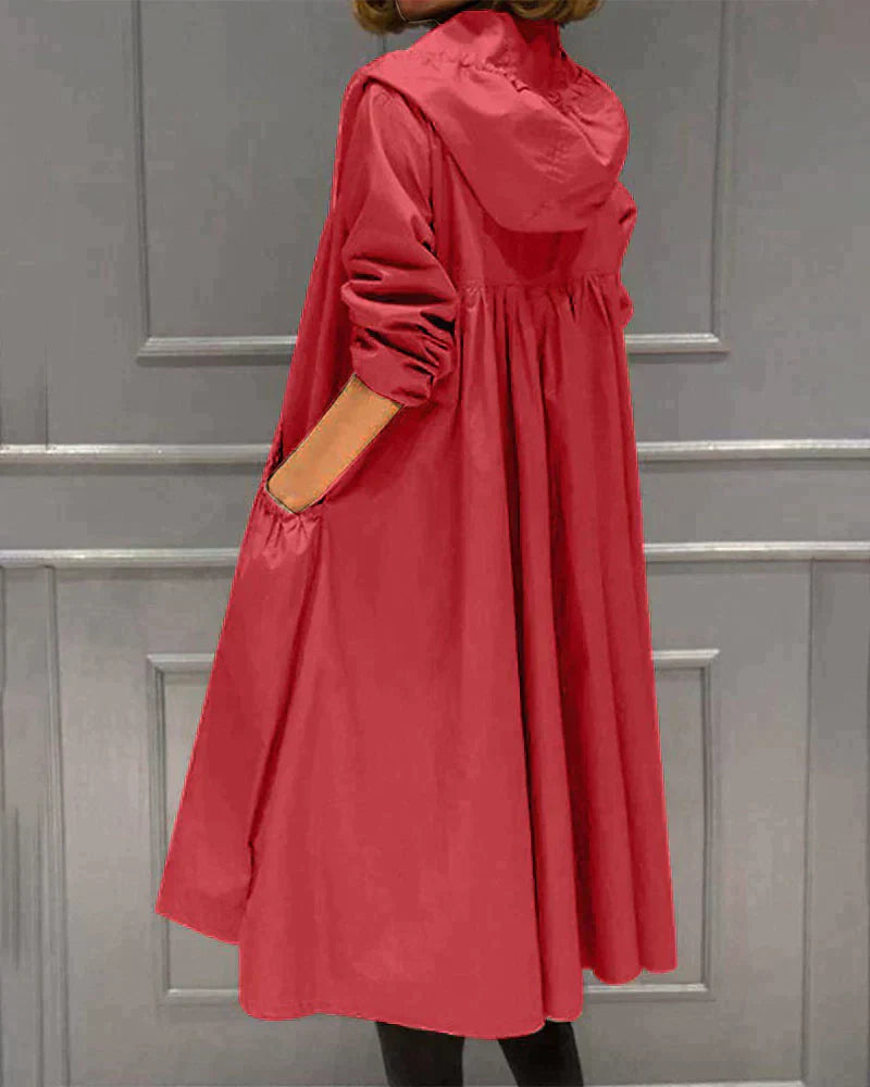 NOUVEAU RICHE Damen Lange Regenjacke Mit Kapuze Lockere Passform Rot