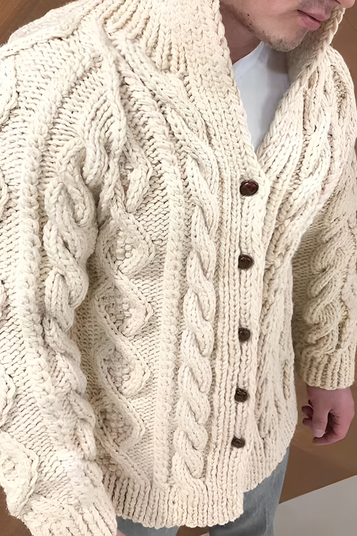 NOUVEAU RICHE Herren Warme Strickjacke Im Zopfmuster Flexible Cardigan Beige