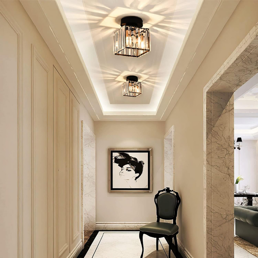 NOUVEAU RICHE Moderne Kristall-Deckenleuchte – Kristall Deckenlampe mit Messingfassung, E27, rund oder quadratisch, Gold oder Schwarz – CrystalGlow
