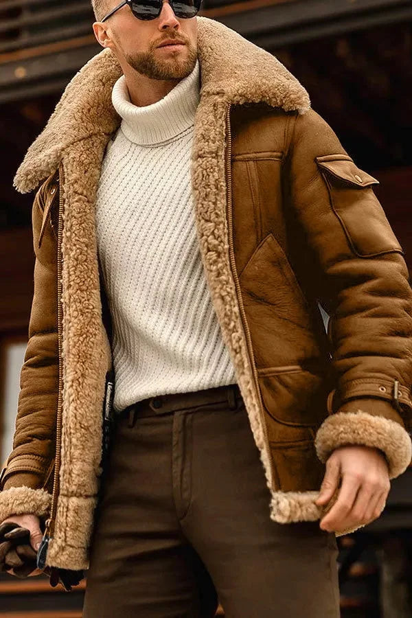 NOUVEAU RICHE Herren Camel Fliegende Jacke Echtes Schafsfell Vintage Braun