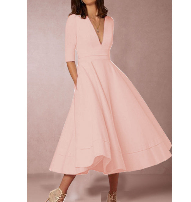 NOUVEAU RICHE Midikleid Damen A-Linie V-Ausschnitt Halbarmlänge Elegant Rosa 2