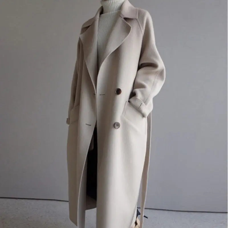 NOUVEAU RICHE Luré | Dame Langer Wollmantel mit Bindegürtel - Eleganter Wintermantel & Uldblanding Mantel Beige