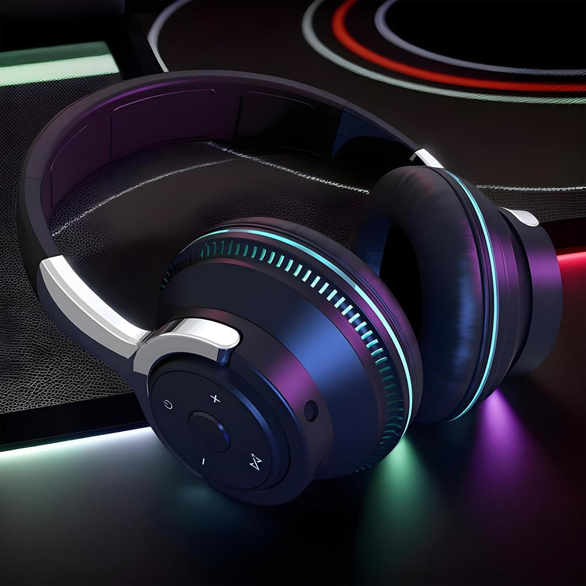 NOUVEAU RICHE Faltbare kabellose Kopfhörer mit RGB-Beleuchtung – Bluetooth Over-Ear Kopfhörer mit LED, 24 h Akku, TF & AUX – Sonvix