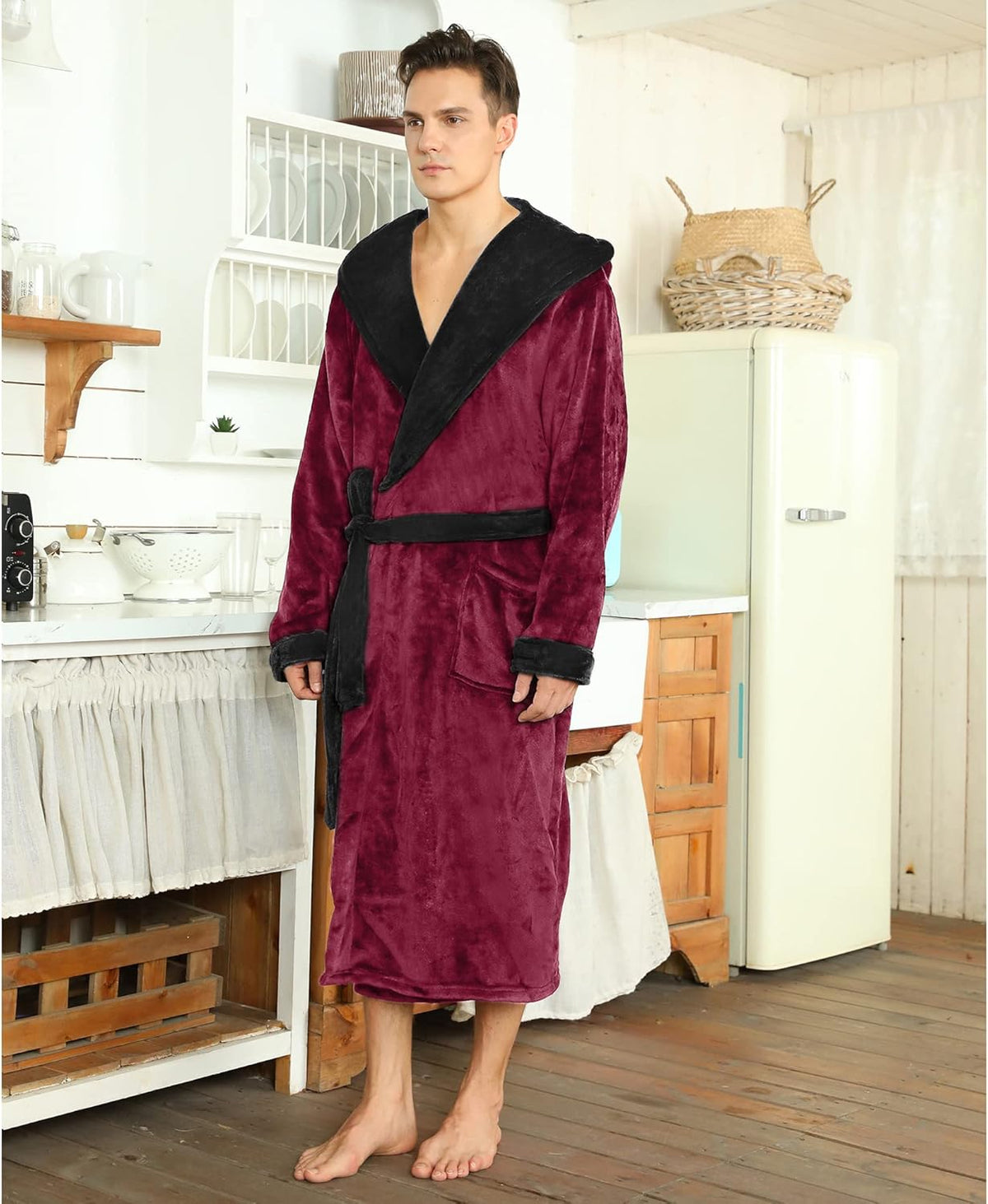 NOUVEAU RICHE Fleece Bademantel Herren mit Kapuze – Weicher zweifarbiger Morgenmantel mit Taschen & Gürtel, waschbar, S–3XL – Calico