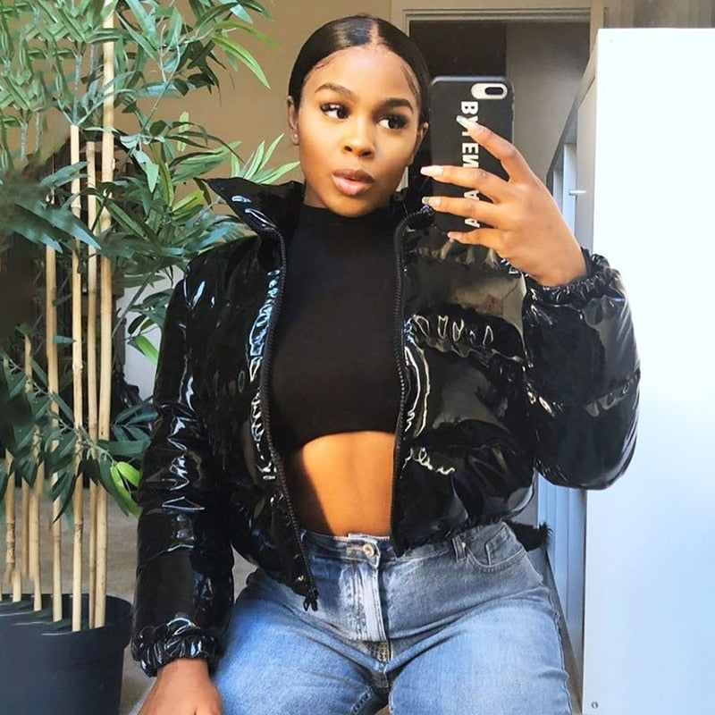 NOUVEAU RICHE Damen Wintermantel Kunstleder Warm Gefüttert Stilvoll Schwarz