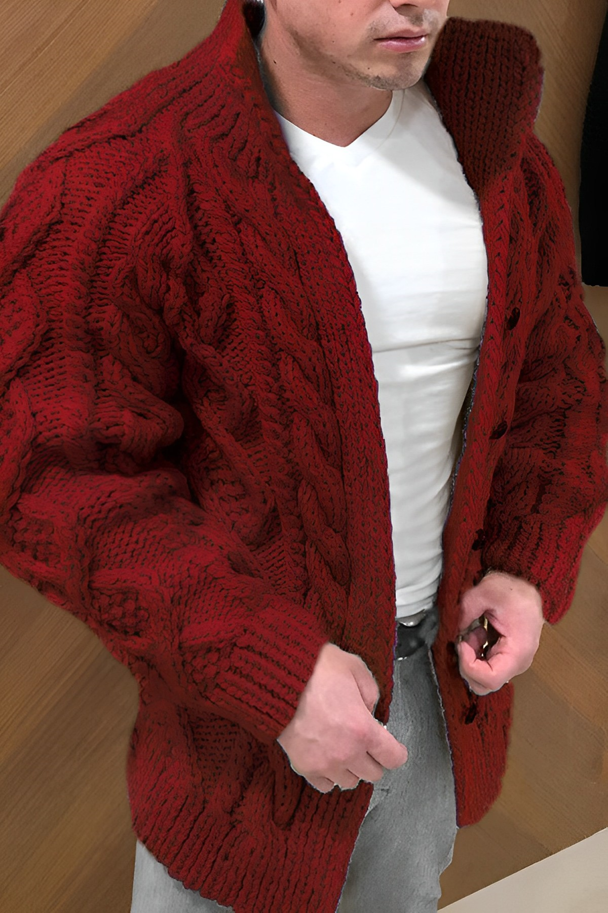 NOUVEAU RICHE Herren Warme Strickjacke Im Zopfmuster Flexible Cardigan Rot
