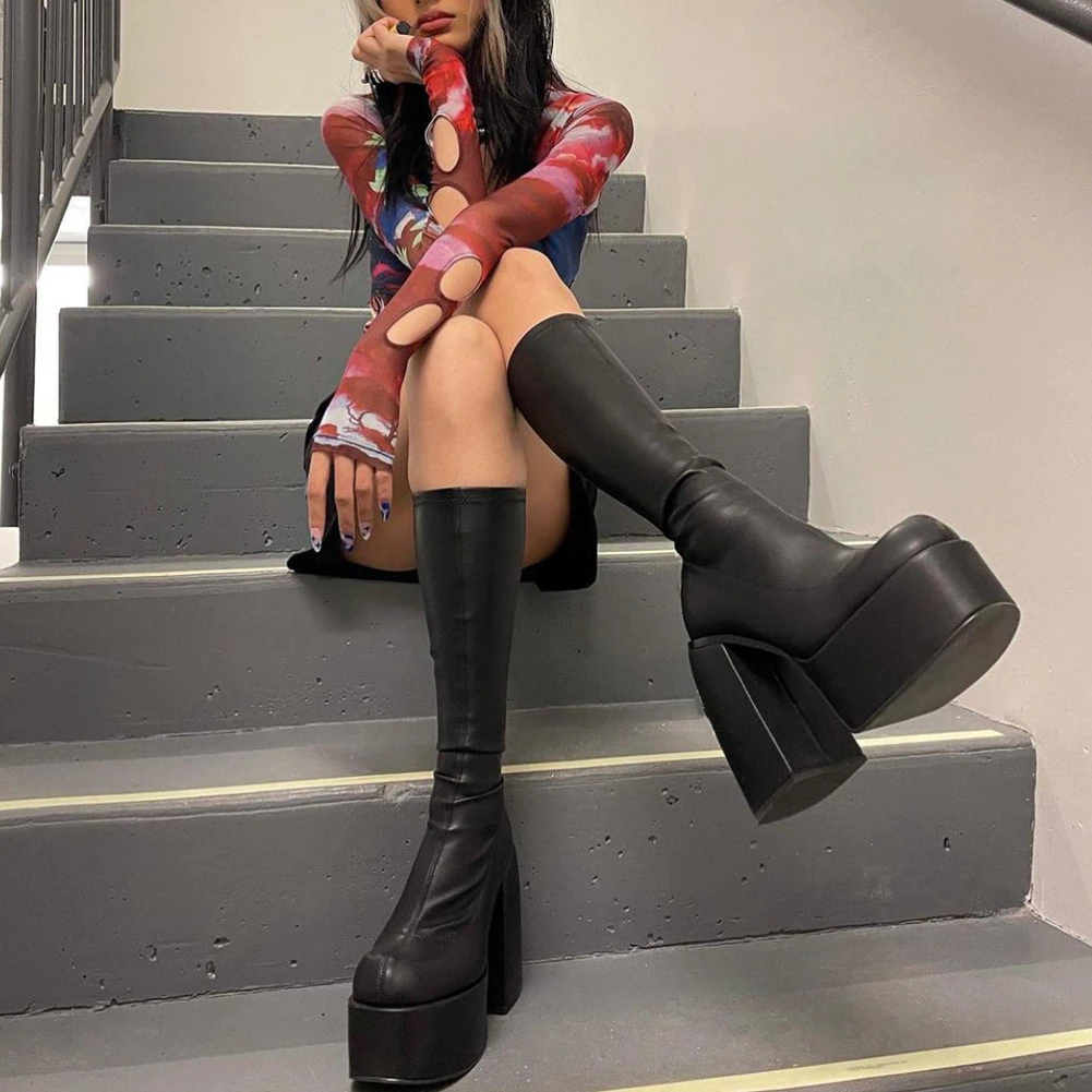 NOUVEAU RICHE Damen Kniestiefel Mit Hohem Absatz Lederstiefel Mode
