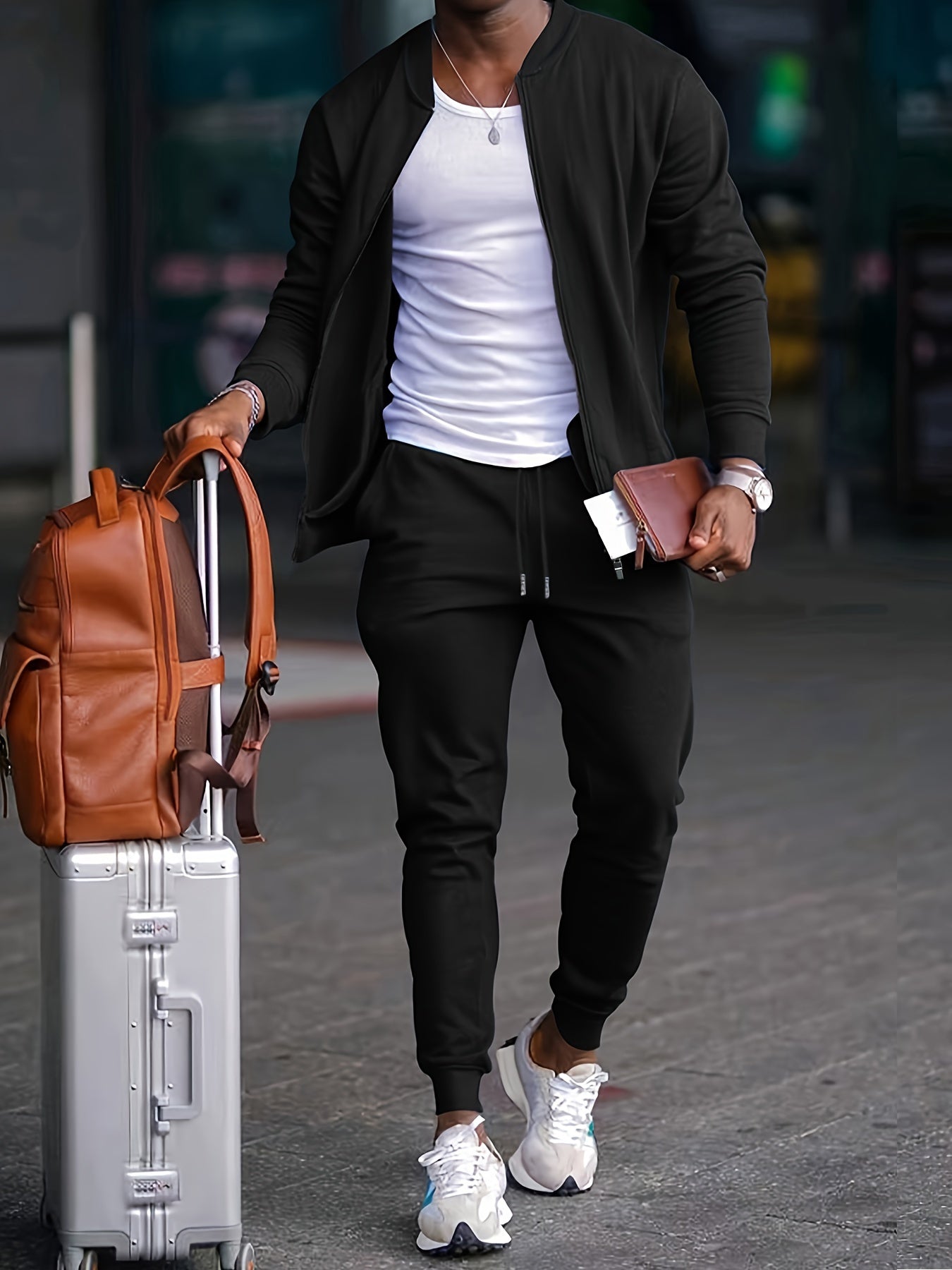 NOUVEAU RICHE Reißverschluss Jacke und Hose für Herren aus strapazierfähigem Material für Outdoor-Aktivitäten und Freizeit Schwarz