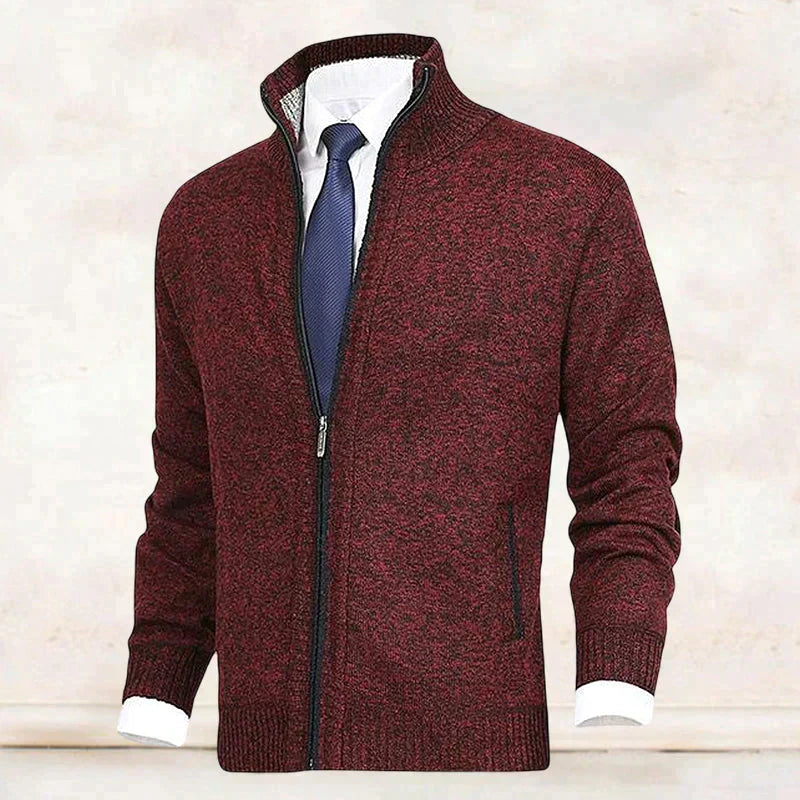 NOUVEAU RICHE Herren Strickjacke Stehkragen Reißverschluss Cardigan Rot