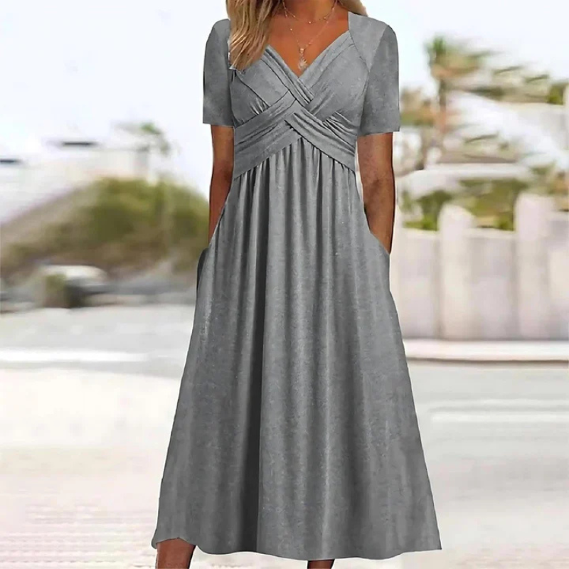 NOUVEAU RICHE Damen Weiches A-Linien-Kleid Mit V-Ausschnitt Midi Alltag Grau