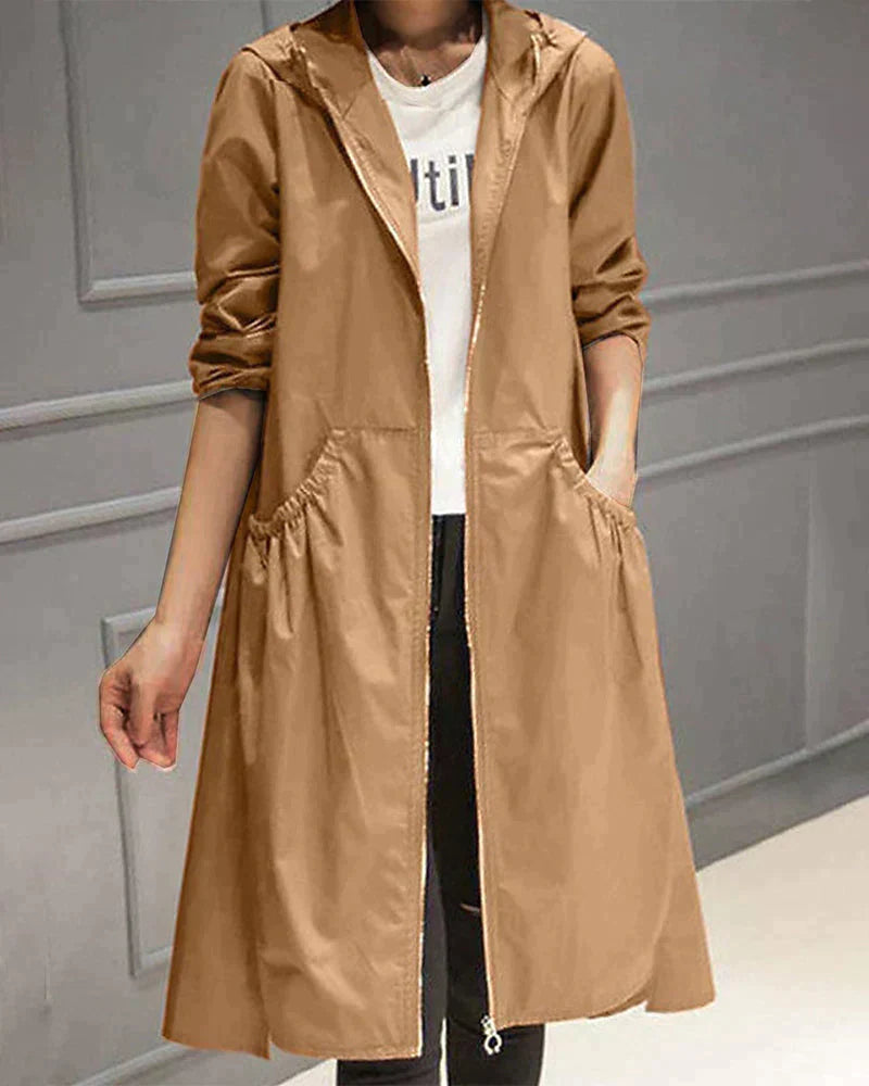 NOUVEAU RICHE Damen Lange Regenjacke Mit Kapuze Lockere Passform Hellbraun