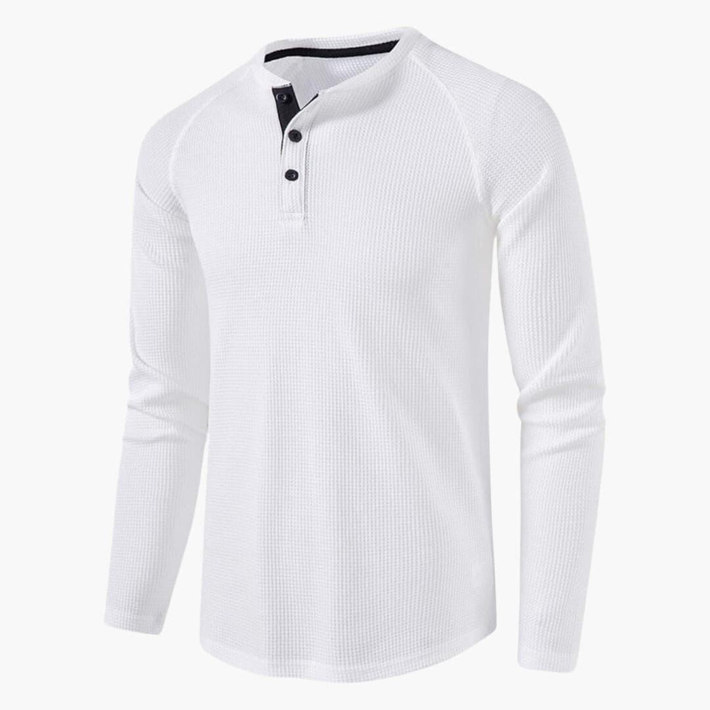 NOUVEAU RICHE Herren Henley Langarmshirt Mit Knopfleiste Natürliche Textur Weiß