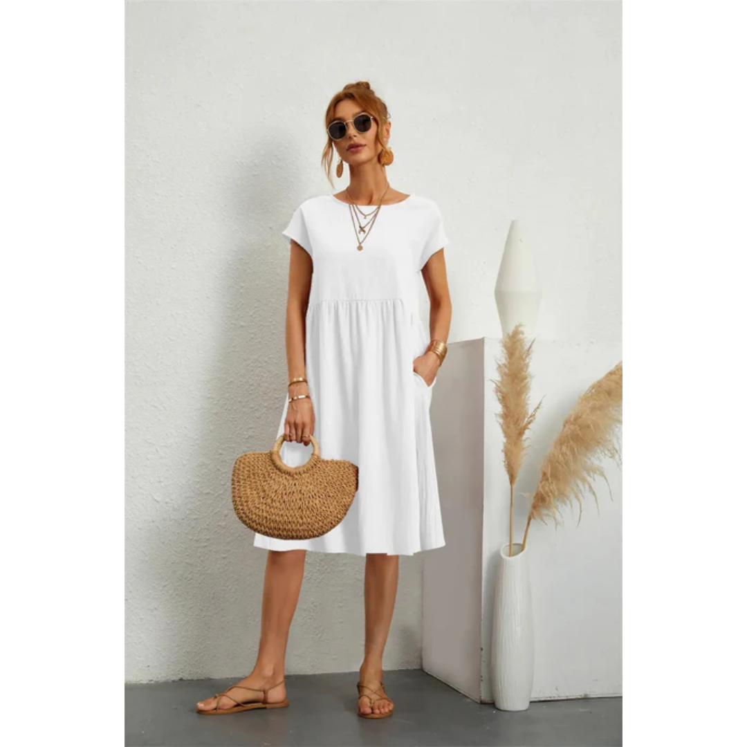 NOUVEAU RICHE Damen Elegantes Sommerkleid Mit Kurzen Ärmeln Für Damen Midi Weiß