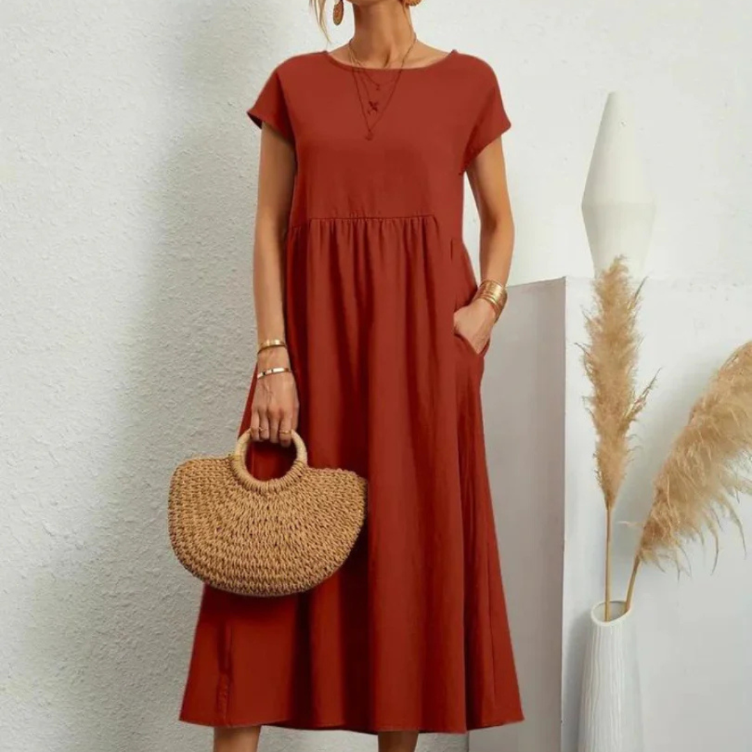 NOUVEAU RICHE Fließendes Baumwollkleid Leichtes Sommerkleid Beige Rostbraun