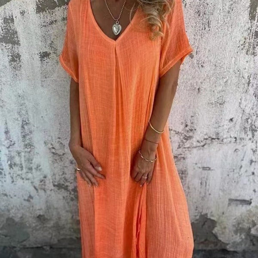 NOUVEAU RICHE Kleid Aus Baumwolle Und Leinen V Ausschnitt Leicht Luftig Orange S